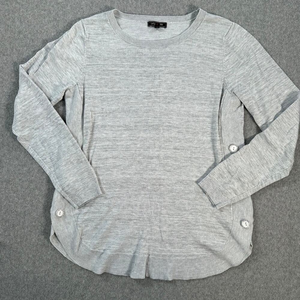 Lety & Me Pullover Sweater Side Button Women's Medium Light Gray Crew Neck